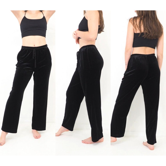 Vintage Black Velvet Pants Relaxed Fit Straight Leg Ankle Crop Size Small/Medium - Picture 1 of 9